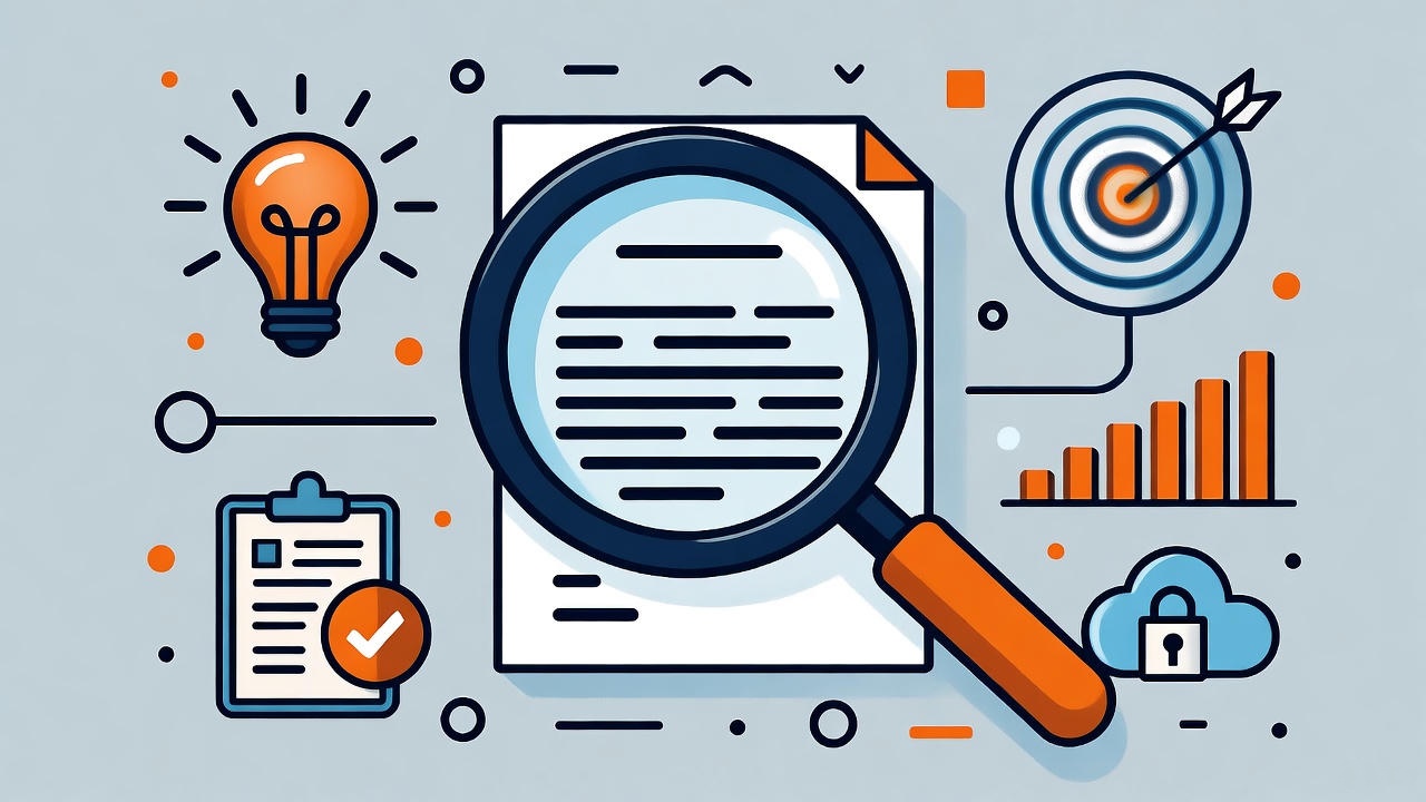 Flat design concept showing magnifying glass analyzing a document surrounded by a light bulb for ideas, target with arrow for goal achievement, bar graph for data growth, checklist for planning, and cloud with lock for data security, representing SEO research, content optimization, and digital marketing strategy.
